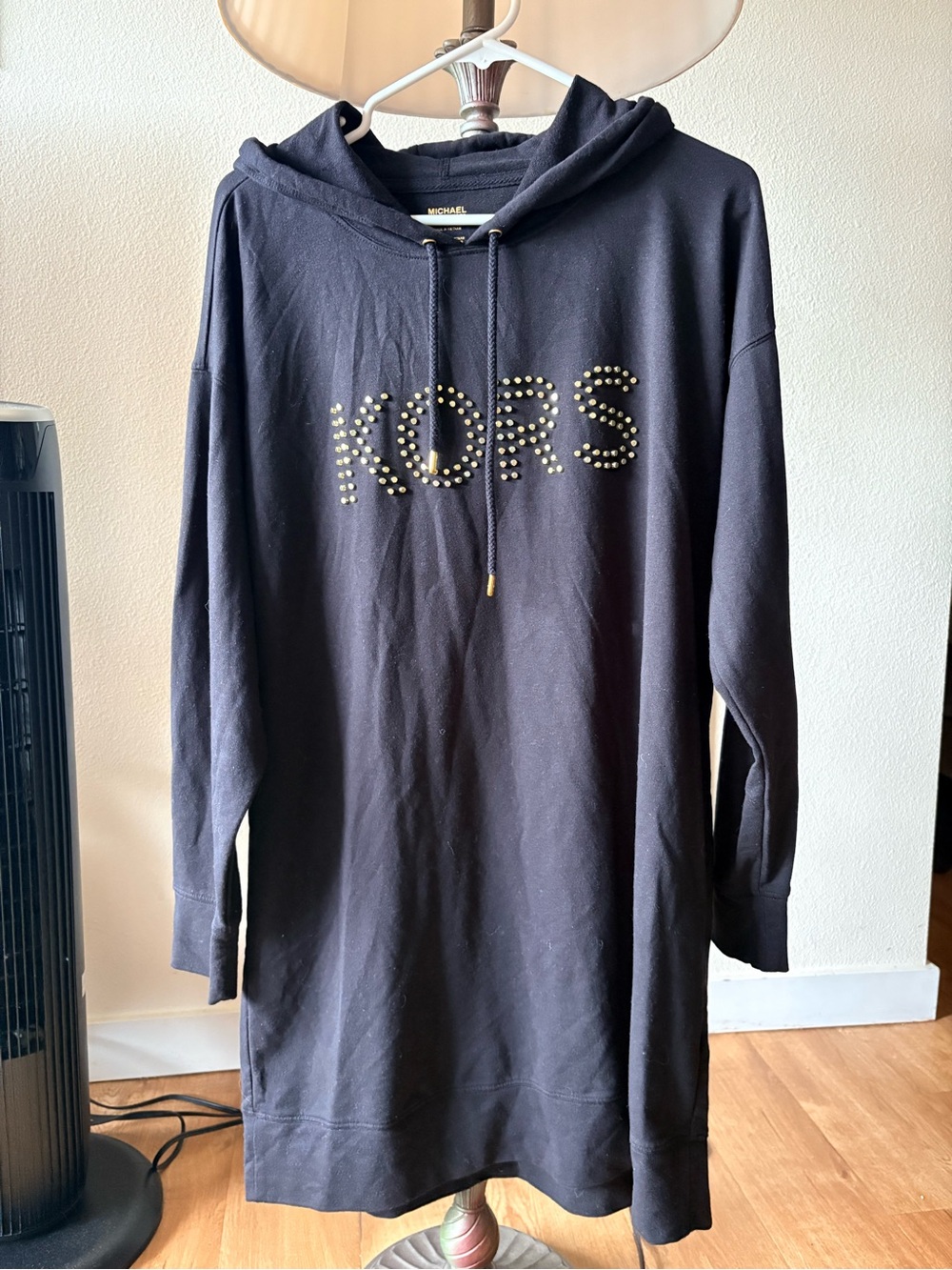 Michael Kors Black Gold-Studded Logo Hoodie Dress - Size L